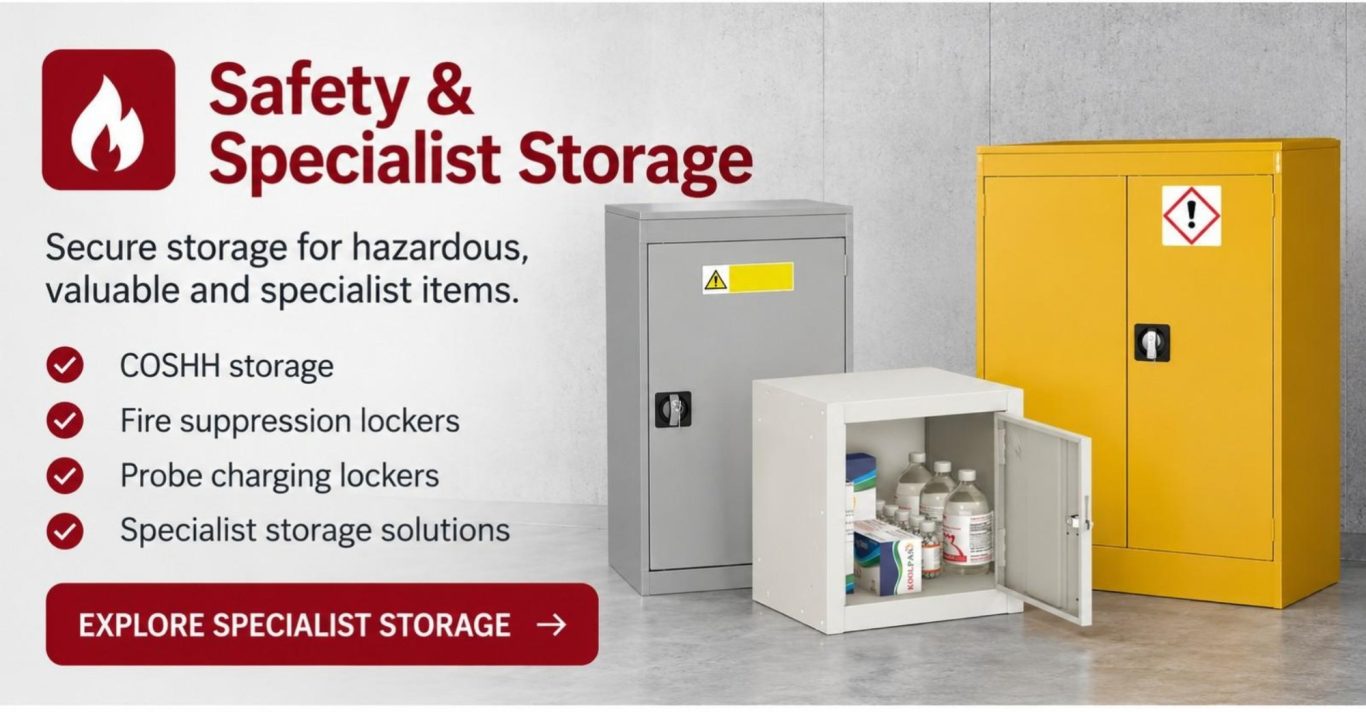 Safety & Specialist Storage Specialist storage including COSHH cabinets, fire suppression lockers and probe charging lockers for hazardous and specialist items.