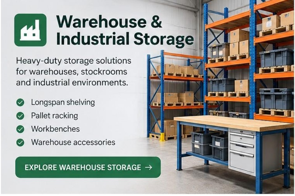 Warehouse & Industrial Storage Warehouse and industrial storage solutions including shelving, pallet racking and workbenches for commercial and industrial workplaces.